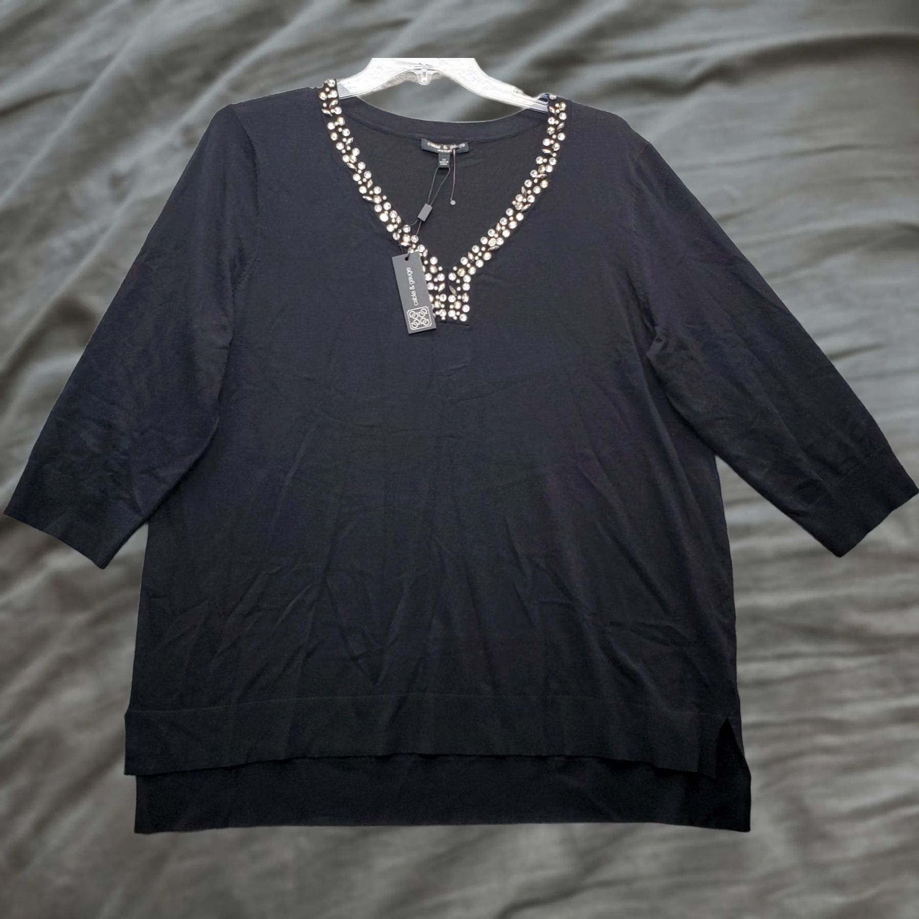 Vintage Cable & Gauge Knit Top Womens 1X Black 3/4 Sleeve V-Neck Beaded Pullover Shirt Womens Size 1X Black Knit Top Size XL / US 12-14 / IT 48-50 - 1 Thumbnail