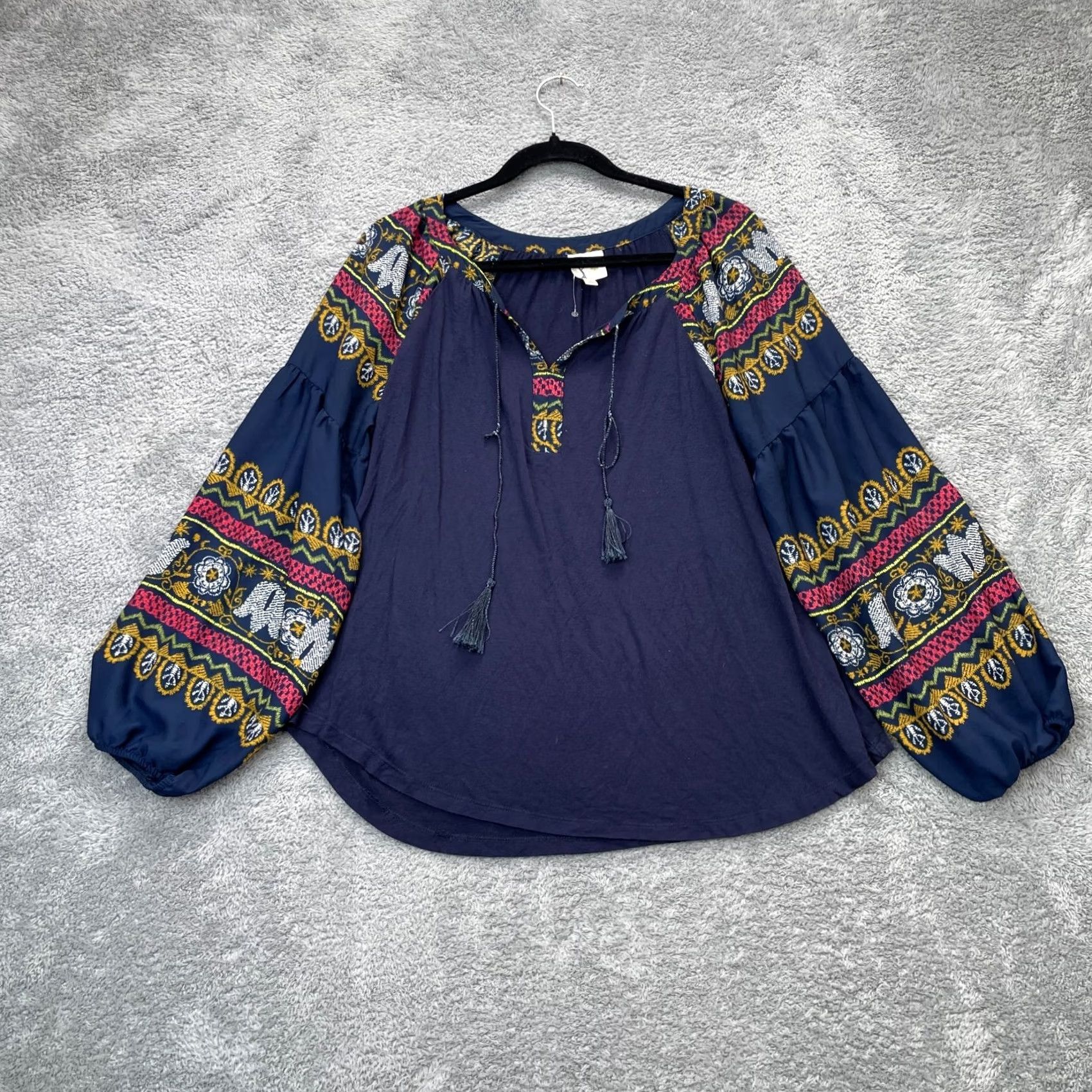 Vintage Fig & Flower Blouse Womens Large Blue Puff Sleeve Tassel Rope Fair Isle V-Neck Lace Up Casual Party/Cocktail Shirt Blouse Beach Bohemian Spring Summer Size L / US 10 / IT 46 - 2 Thumbnail