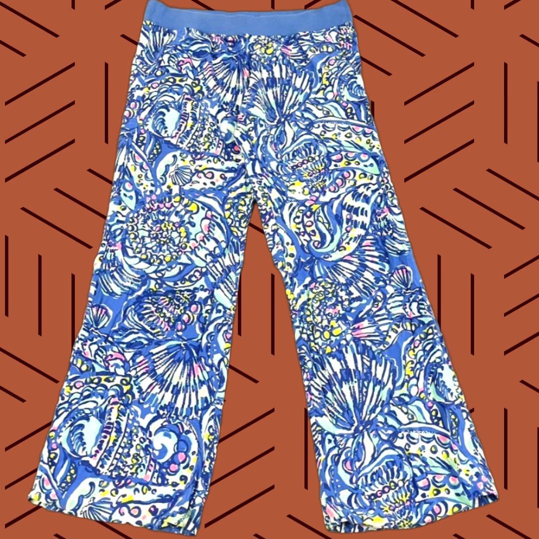 Lilly Pulitzer Lilly Pulitzer Women's Palazzos Pants Medium Blue Tropical Floral Stretch Summer Casual Size 32" / US 10 / IT 46 - 1 Thumbnail