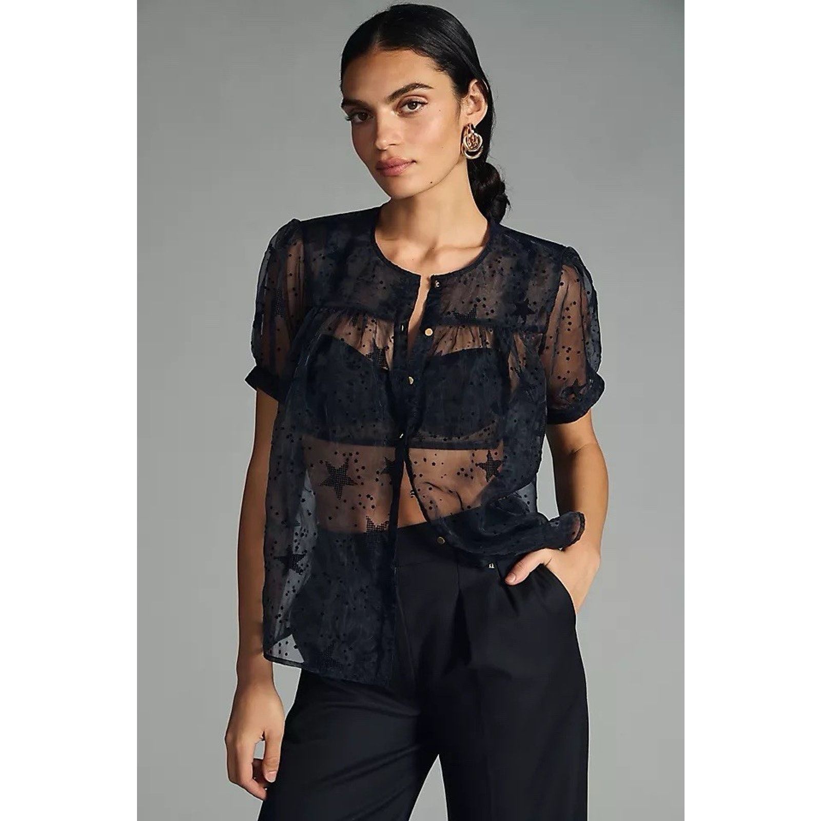 Anthropologie Let Me Be Sheer Navy Velvet Star Pattern Puff Sleeve Blouse Size S / US 4 / IT 40 - 1 Thumbnail