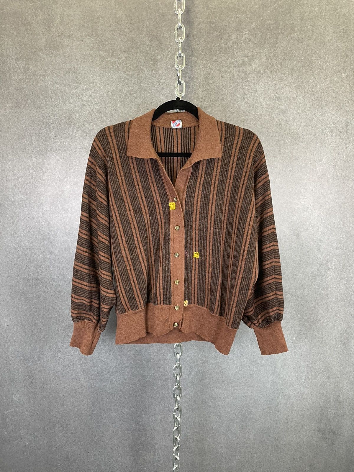 image of Vintage 1960S Brown Striped Collared Distressed Cardigan, Men's (Size Small)