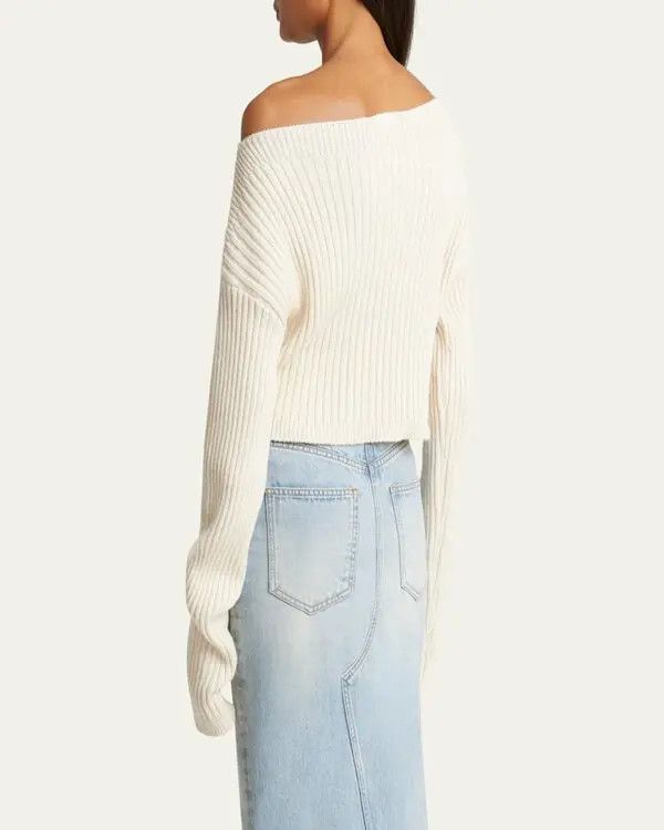 Balmain o1s1wg111225 Ribbed Cashmere Cropped Sweater in White Size L / US 10 / IT 46 - 4 Thumbnail