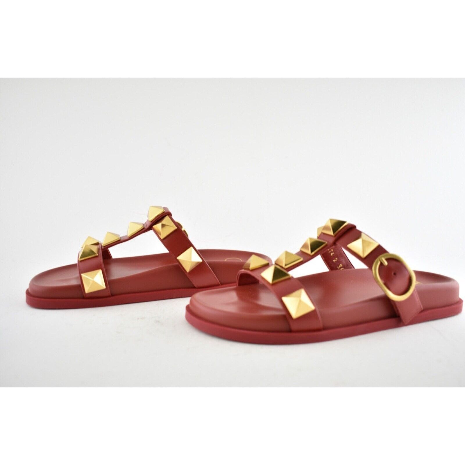 Valentino Valentino Rockstud Roman Stud Rosso Red Gold Leather Slide Size US 6 / IT 36 - 9 Thumbnail