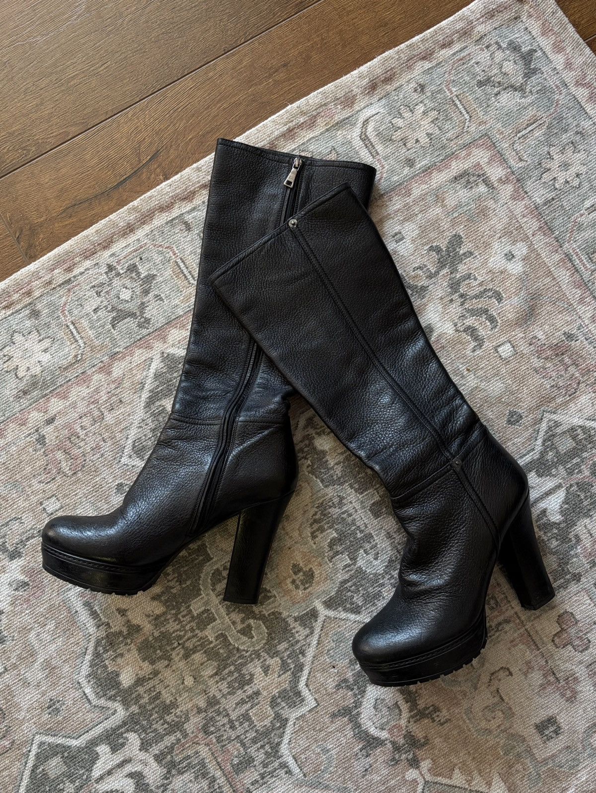 Prada Prada Black Leather Knee High Boots Platform Block Heel Size US 10 / IT 40 - 1 Thumbnail
