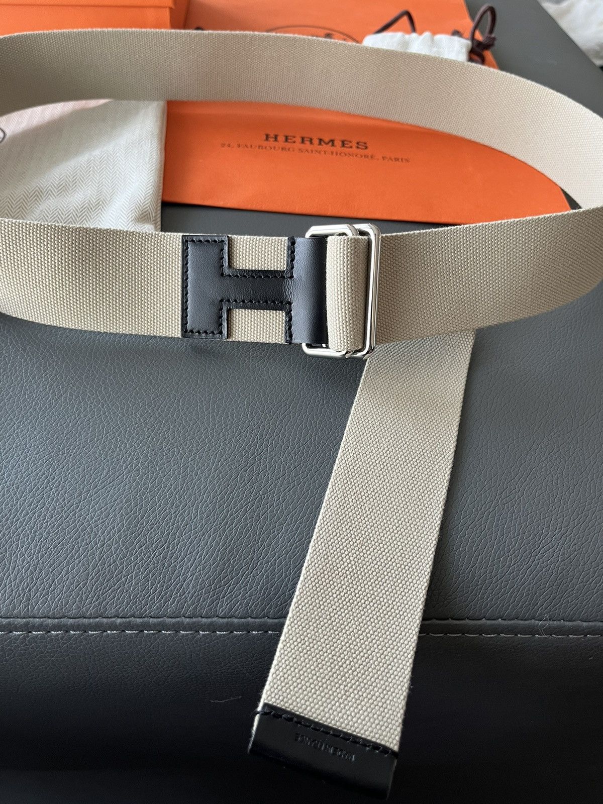 Hermes Limited Edition Hermes Brand New H Logo Leather Canvas Belt Size 34 - 16 Thumbnail