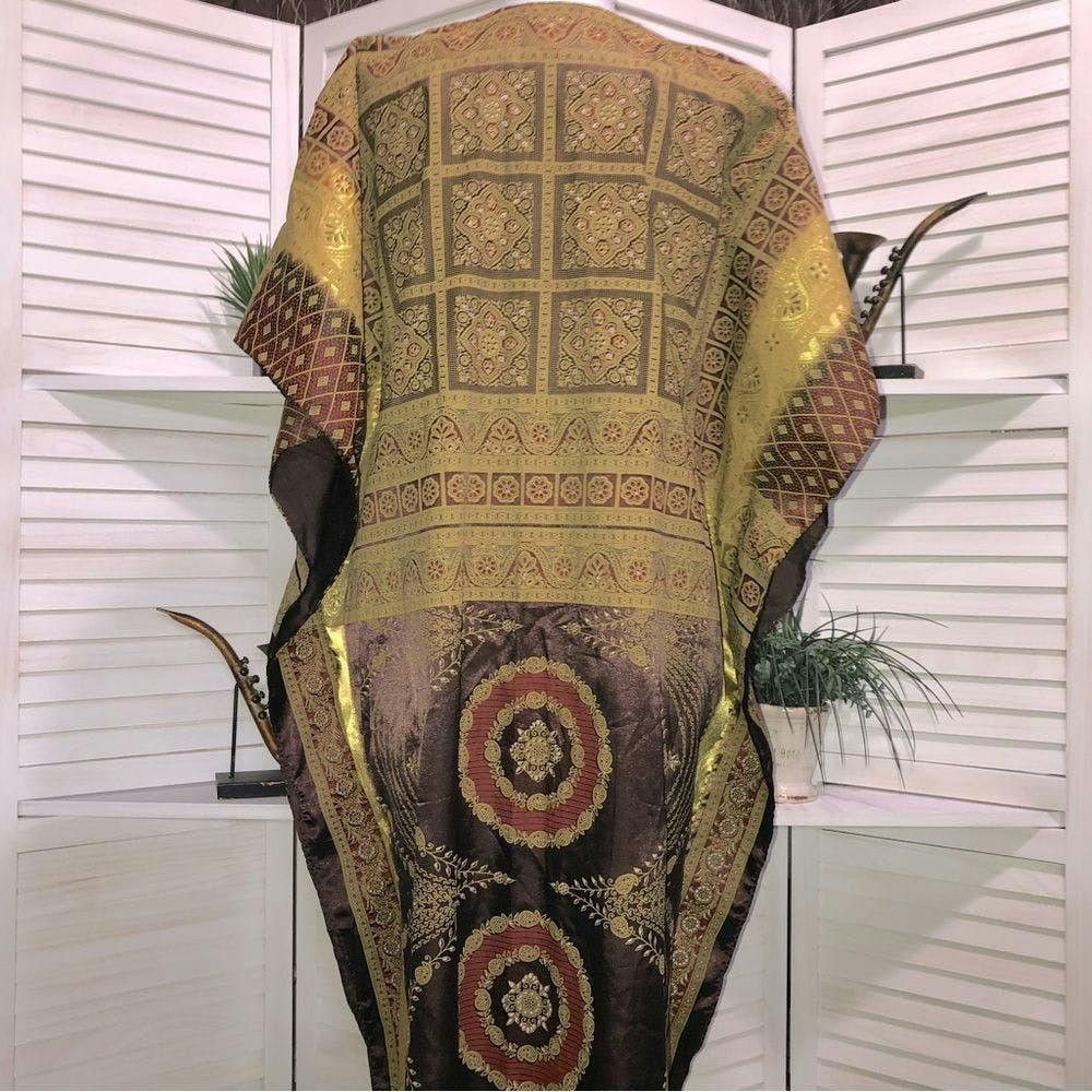 Vintage 70s vintage Kaftan tapestry golden brown maxi dress Sz OS Size ONE SIZE - 2 Thumbnail