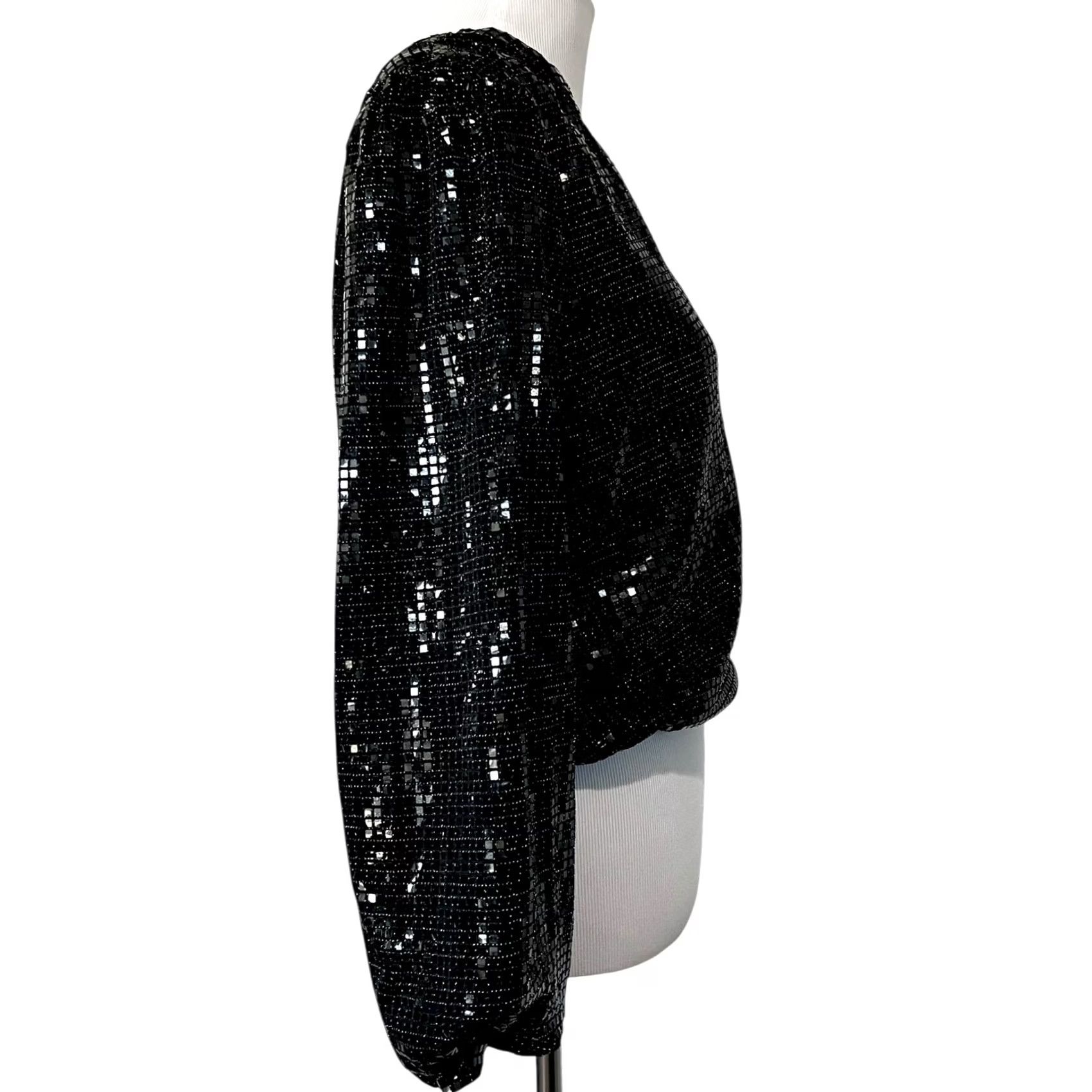 Vintage Womens Black Sequin Top Wrap Style V-Neck Long Balloon Sleeves Party Glam Sz M Size M / US 6-8 / IT 42-44 - 6 Thumbnail