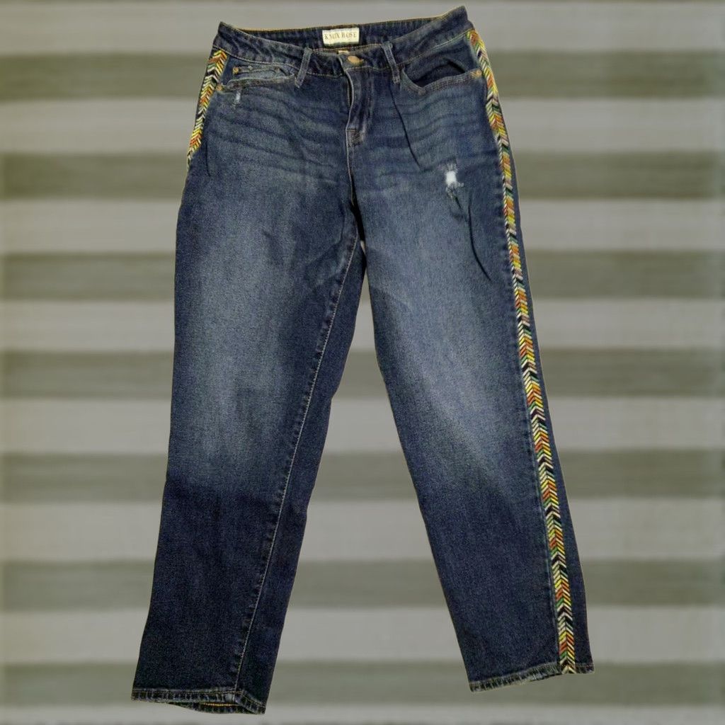 Vintage Knox Rose Women's Capris Jeans Size 8 Embroidered Dark Wash Stretch Capris Jeans Blue 5-Pocket Regular Rise Bohemian Rose Aztec Mens Womens Girls Size 30" / US 8 / IT 44 - 1 Thumbnail