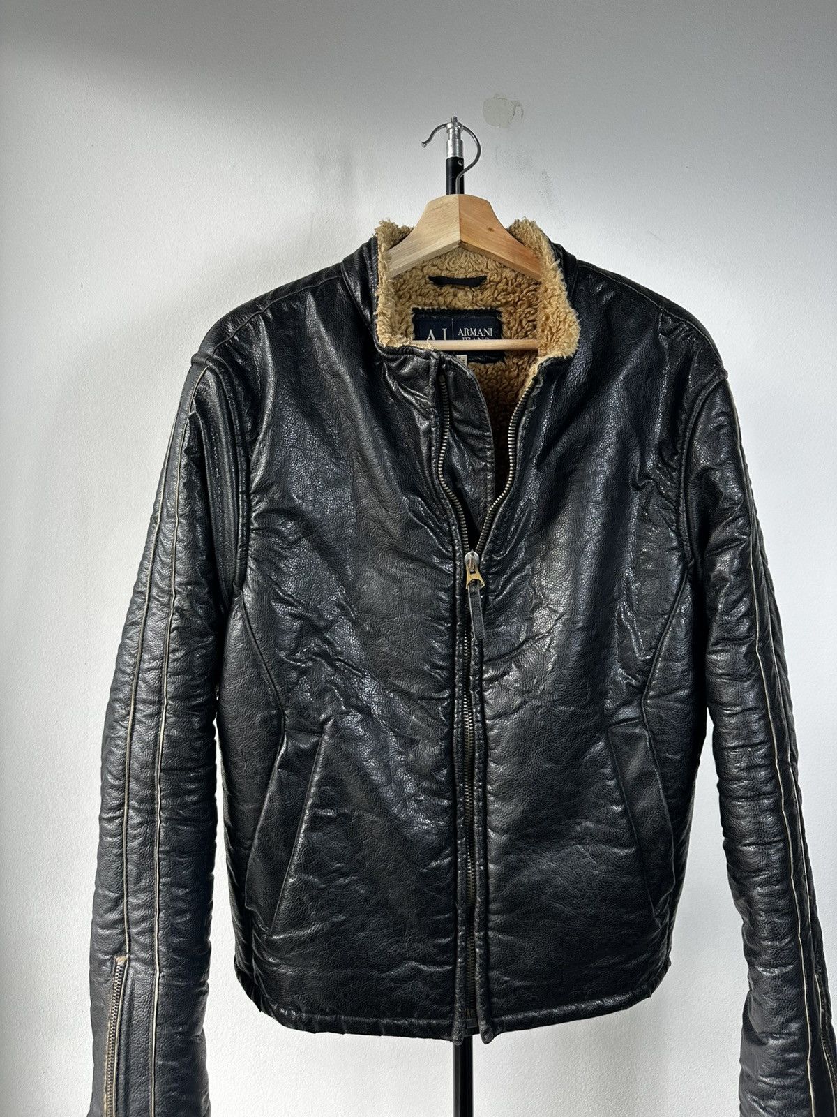 Emporio Armani Armani Jeans Faux Leather Shearling Bomber Jacket Black Fur Size US L / EU 52-54 / 3 - 2 Thumbnail