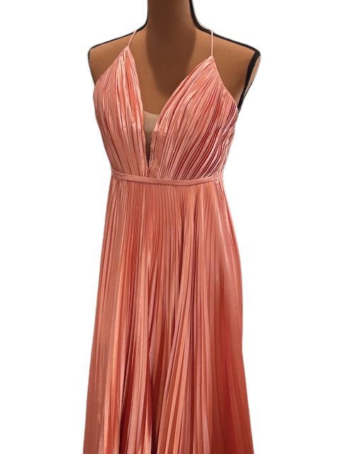 Rose Gold Plunge Neck Pleated Evening Gown