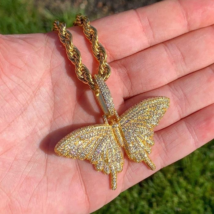 Cuban Link Chain Gold Butterfly Pendant Rope Chain Cuban Chain Figaro