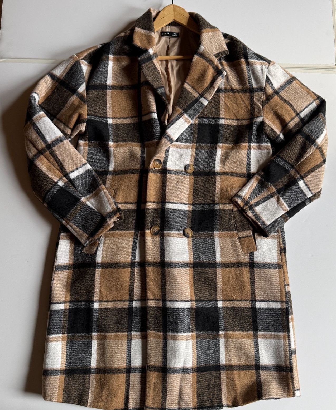 Shein SHEIN Plaid Tan/ Black Long Double Breasted Coat Size US M / EU 48-50 / 2 - 2 Thumbnail