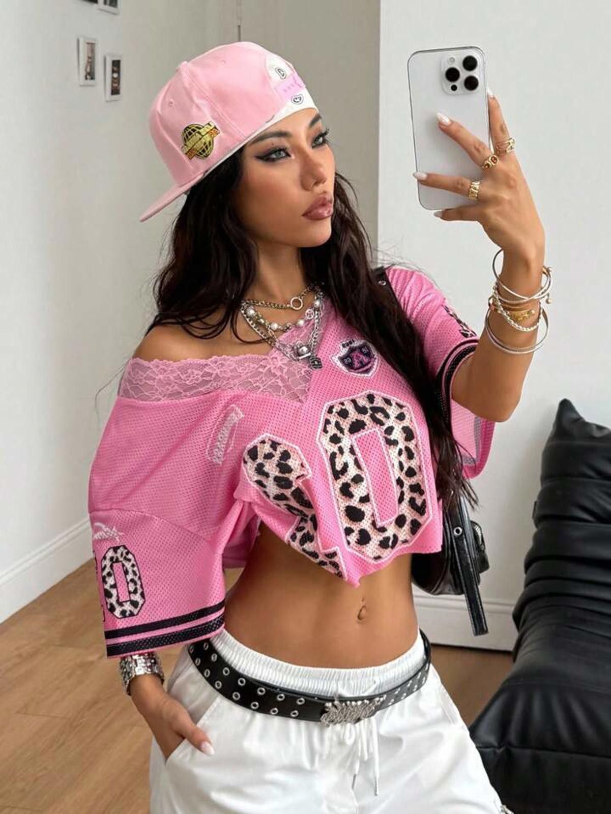 Other 01 Leopard Pink Lace Mesh Trim Crop Top Jersey Size ONE SIZE - 3 Thumbnail