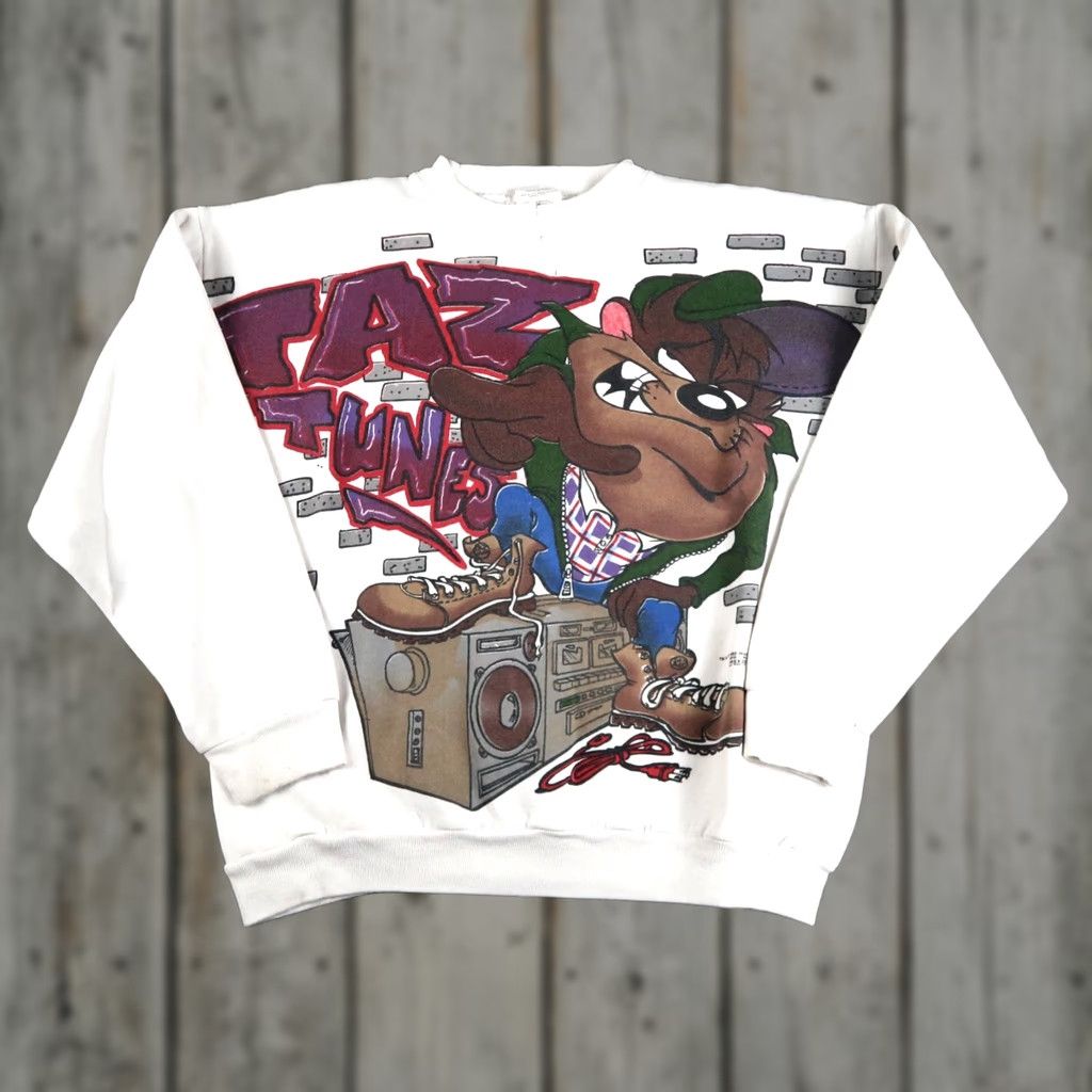 Vintage VINTAGE Looney Tunes Taz Sweatshirt Mens L Crewneck Pullover White 90s Graphic Print Hockey Hip Hop Size US L / EU 52-54 / 3 - 1 Thumbnail