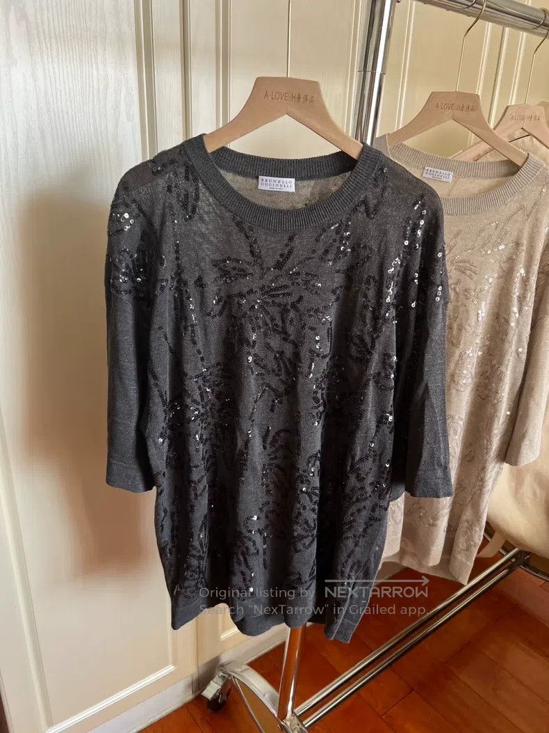 Brunello Cucinelli Brunello Cucinelli Brown linen sequin new style half sleev Size M / US 6-8 / IT 42-44 - 3 Thumbnail