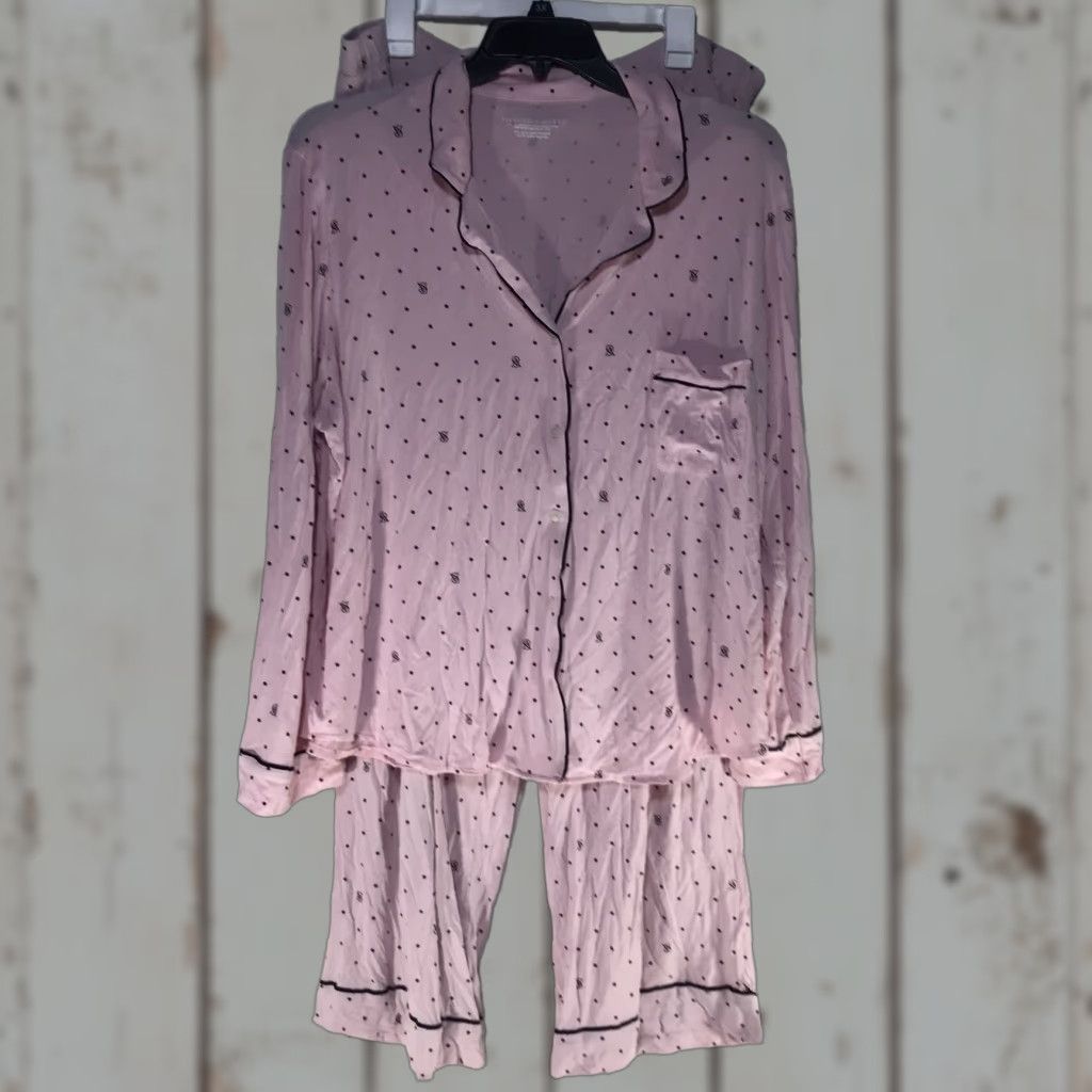 Vintage Victoria's Secret Pink Women's Pajama Set XXL Polka Dot Logo Long Sleeve Knit Fall Winter Size ONE SIZE - 1 Thumbnail