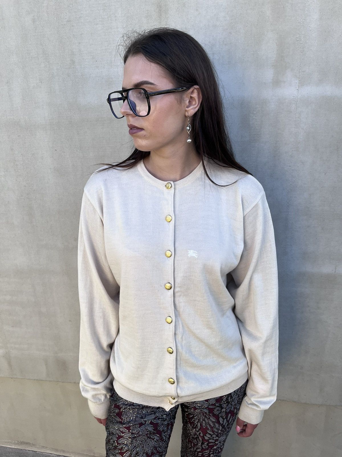 Burberry Burberrys Women Cardigan Beige Wool Vintage Gold Button Logo Size XL / US 12-14 / IT 48-50 - 1 Thumbnail