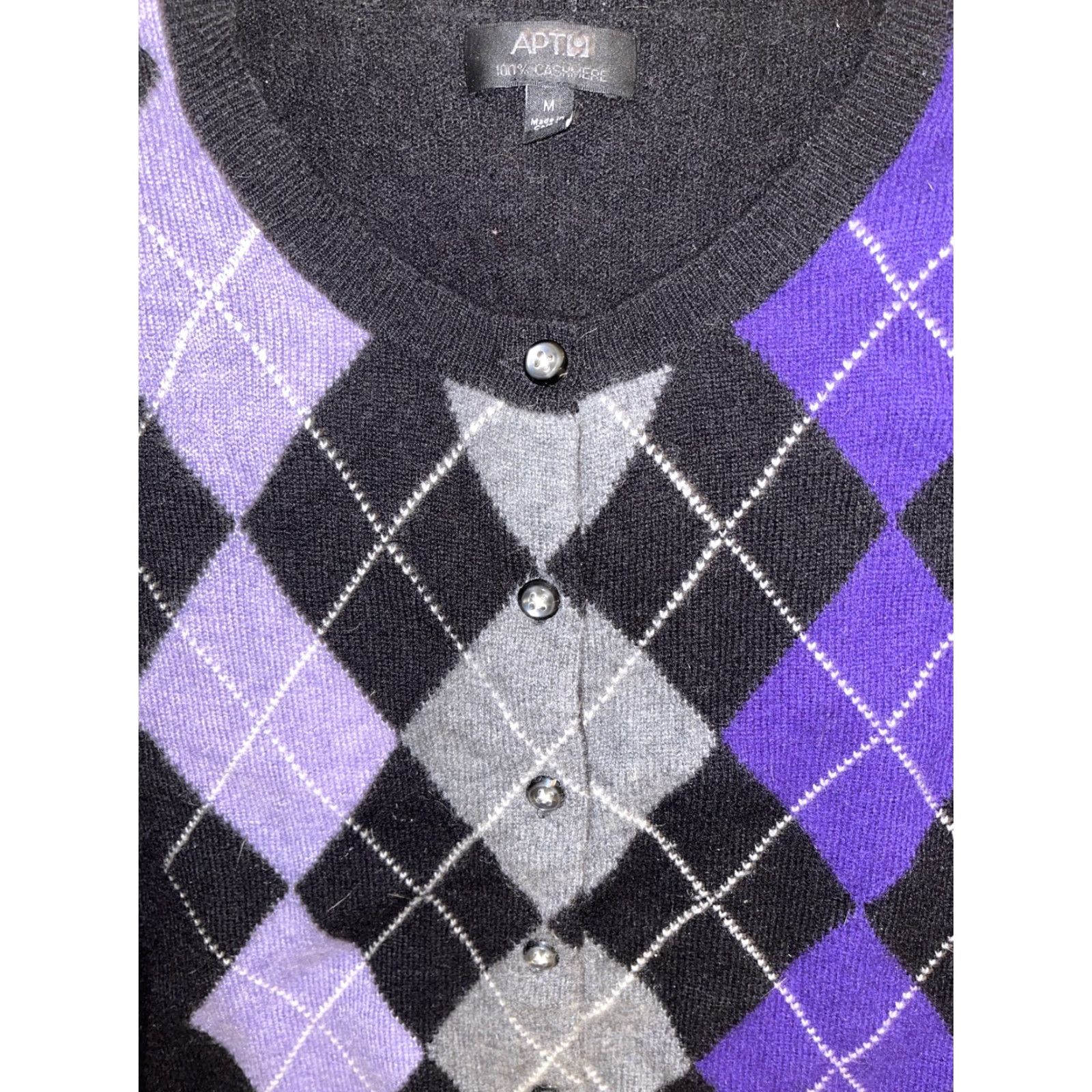 Apt. 9 Apt 9 Cardigan Women M Black Purple 100% Cashmere Argyle Diamond Knit All Seasons Button Womens Size M / US 6-8 / IT 42-44 - 2 Thumbnail