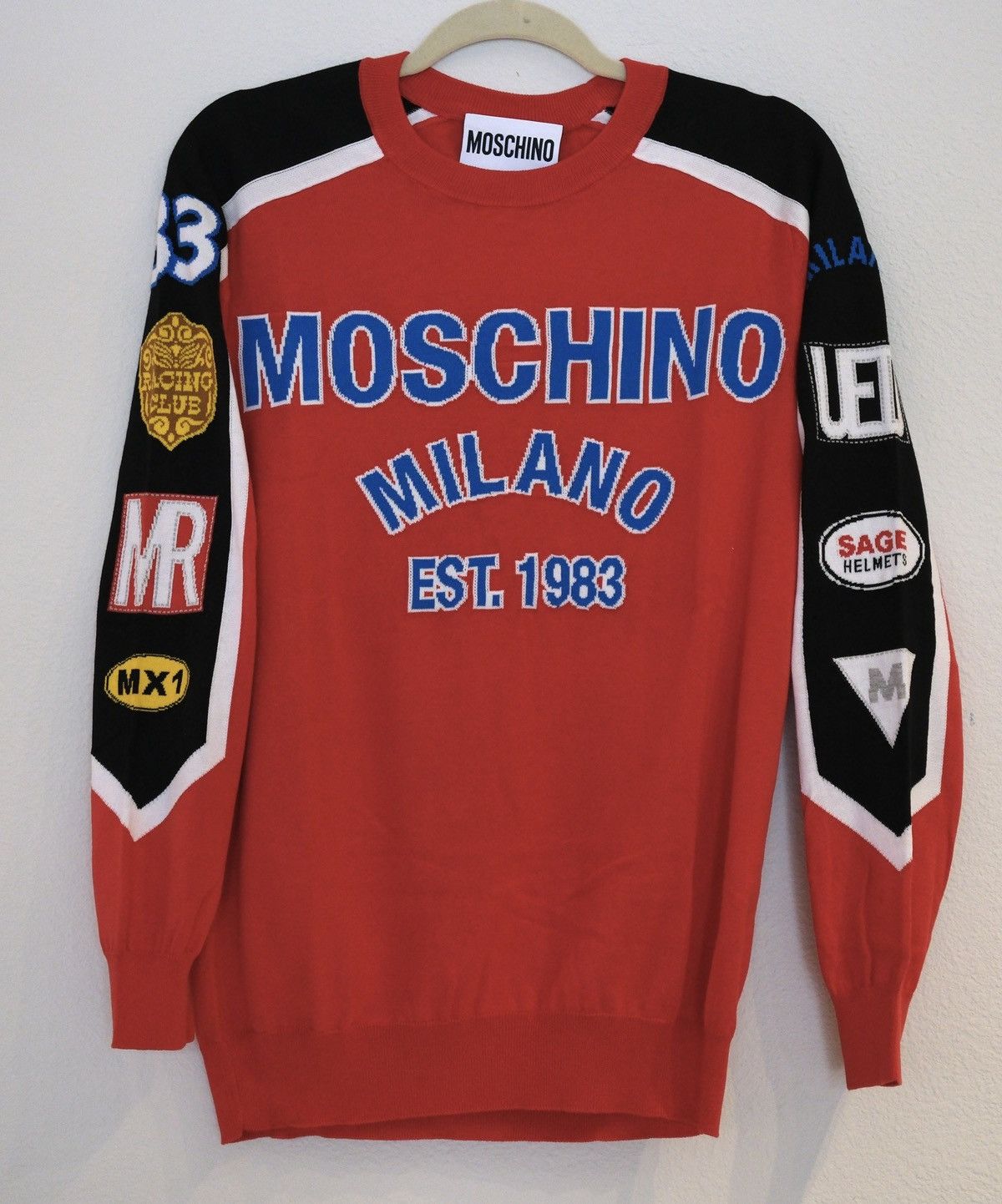 Moschino Moschino Racing Sweater Red Cotton Knit Logo Patches Size US M / EU 48-50 / 2 - 1 Thumbnail