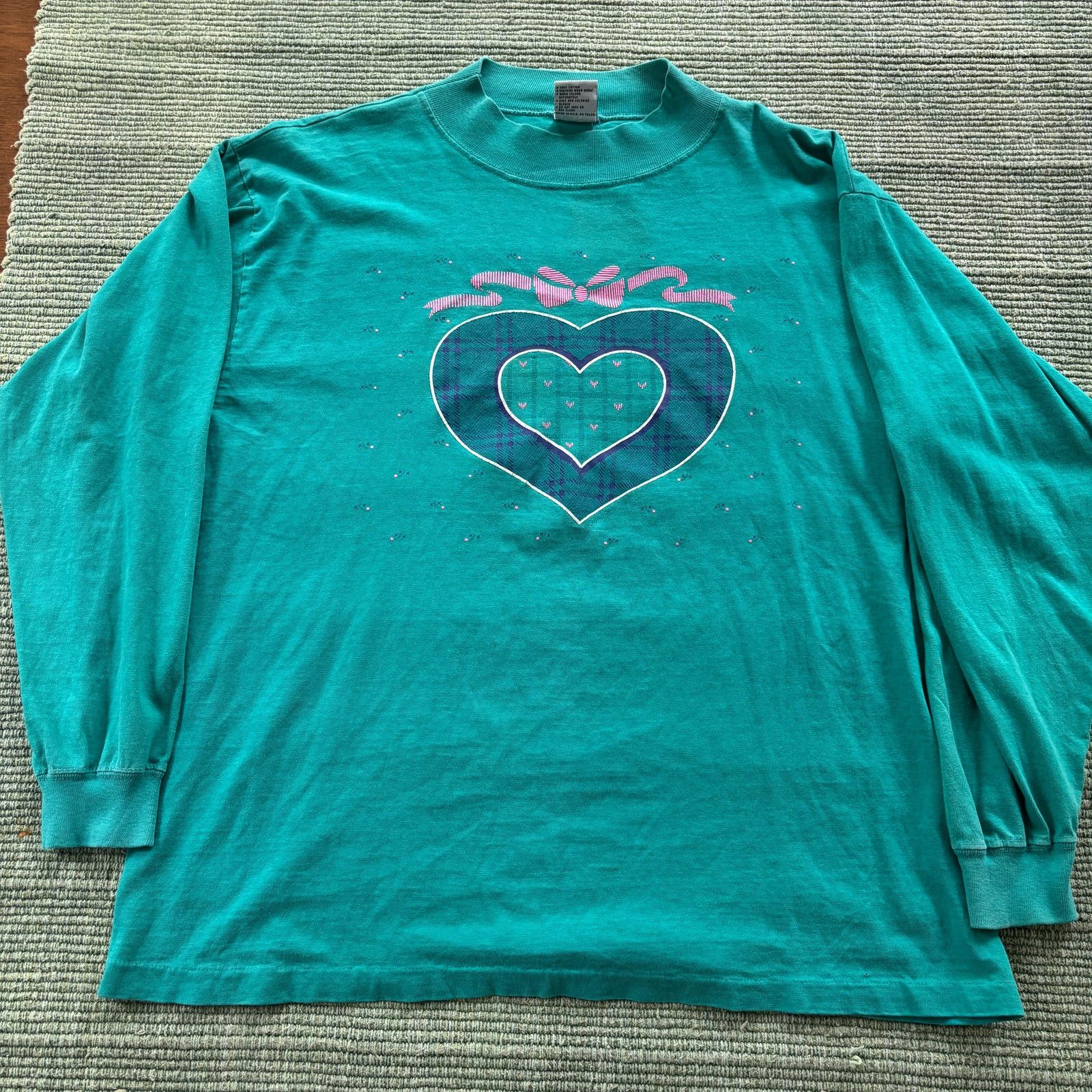 Vintage Vintage 90s Teal Green Heart Mock Neck Long Sleeve Shirt Size US L / EU 52-54 / 3 - 1 Thumbnail