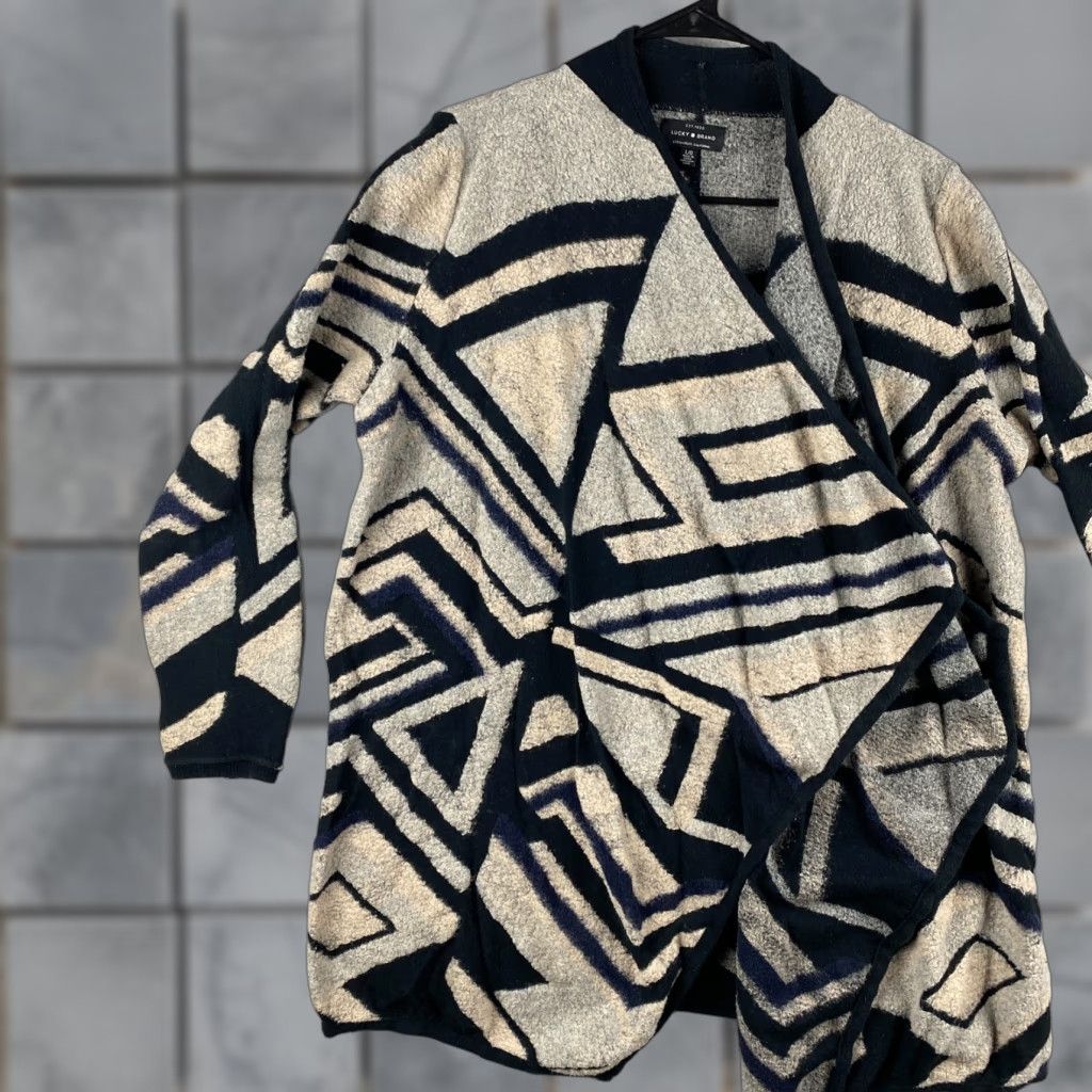 Lucky Brand Lucky Brand Cardigan Sweater Womens L Multicolor Geometric Open Front Round Neck Long Sleeve Pullover Regular Fit Machine Washable Size L / US 10 / IT 46 - 1 Thumbnail
