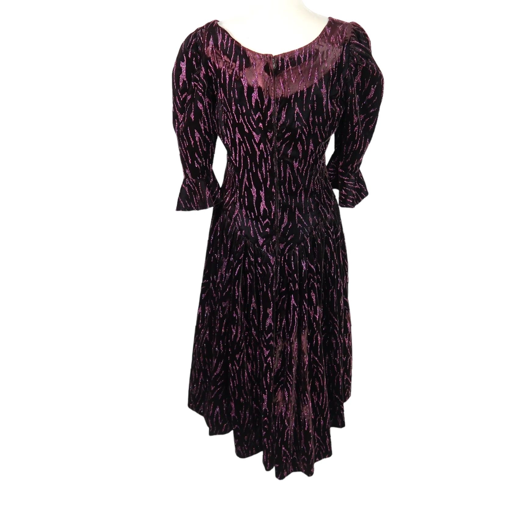 Velvet VINTAGE 80s plum purple velvet glitter midi prom party dress S Dress Girls 1980s Glam Rock Tea Size S / US 4 / IT 40 - 4 Thumbnail