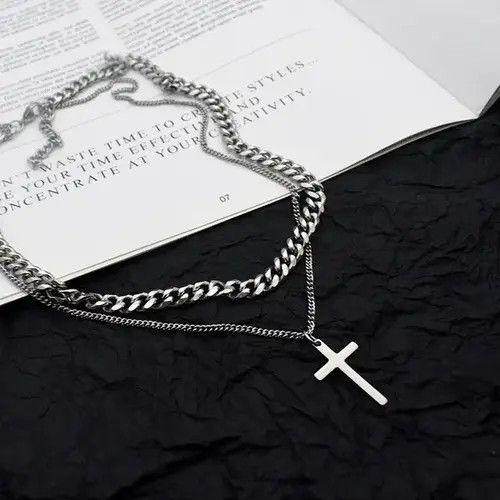 VIBE Titanium Steel Layered Cross Pendant Necklace for Men Women Size ONE SIZE - 3 Thumbnail