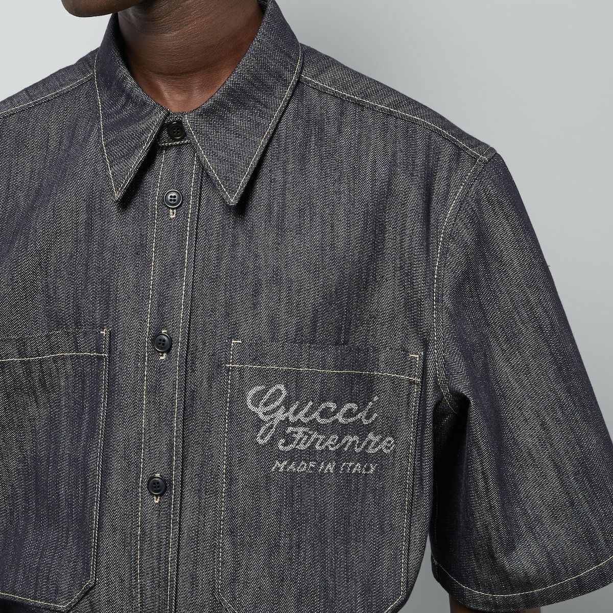 Gucci o1mt1gz0325 Denim Shirt With Jacquard Detail in Indigo Black Size US M / EU 48-50 / 2 - 6 Thumbnail