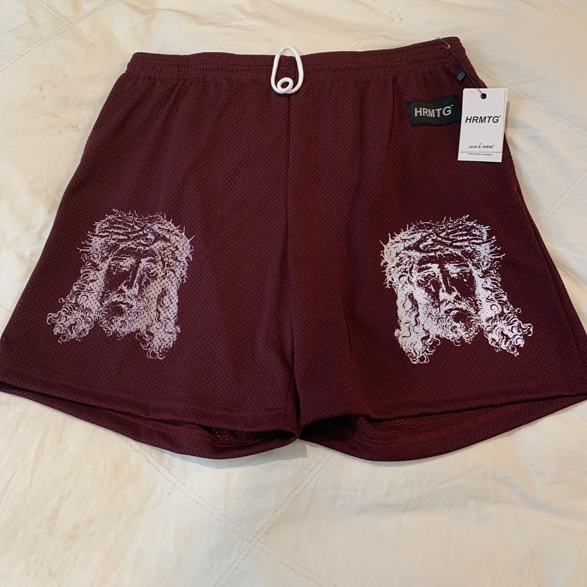 image of Hrmtg X Jack B Wiese Jesus Mesh Shorts XL Wine Red, Men's (Size 36)