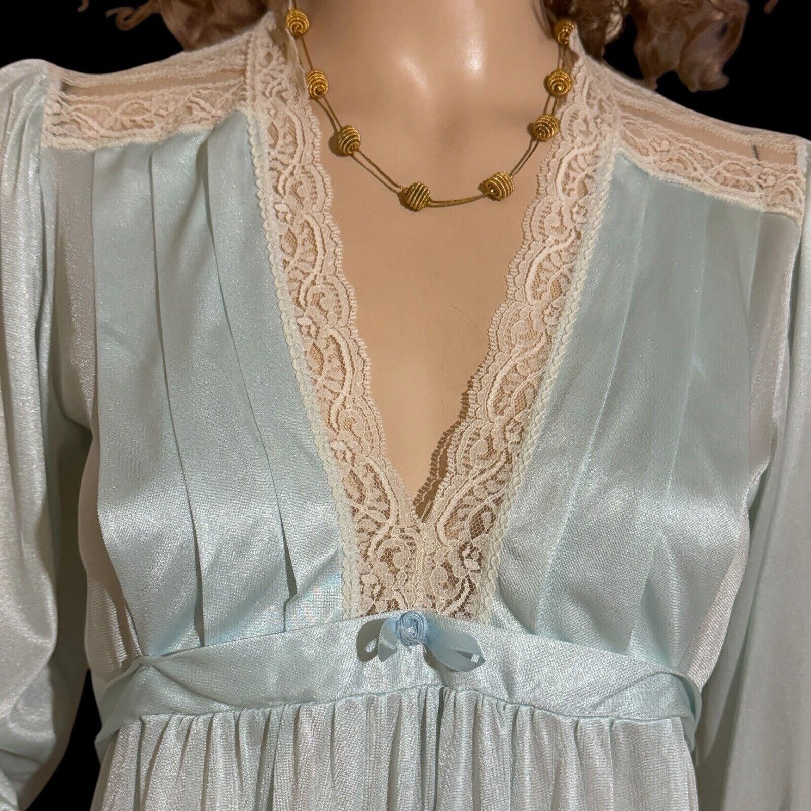 Designer Vtg Blue Nylon L/S Nightgown Lace Trim Sz S Val Mode Size ONE SIZE - 5 Thumbnail