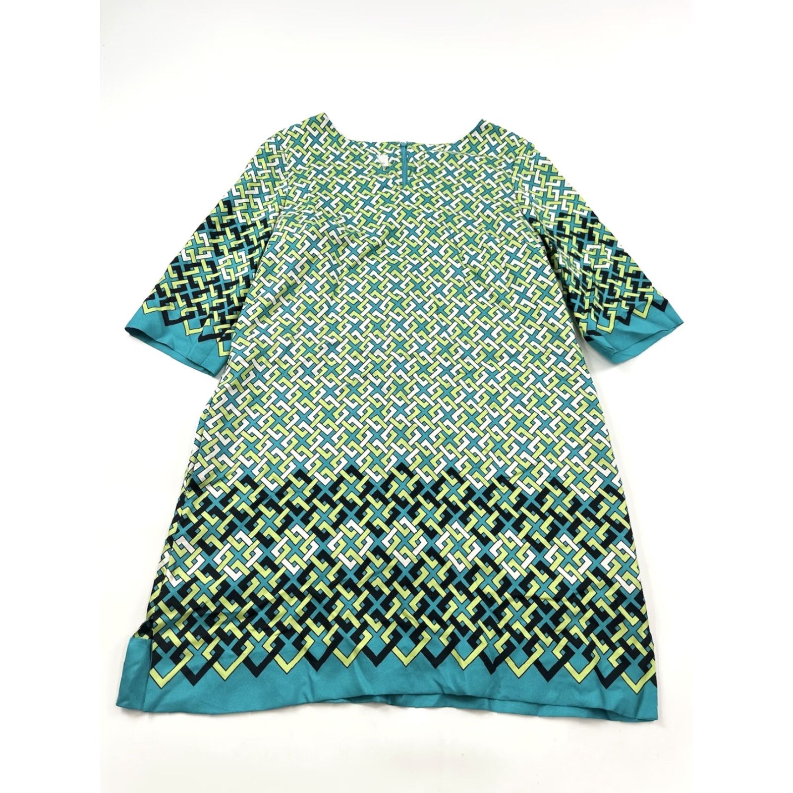 Donna Morgan Donna Morgan Dress Women’s 10P Green Geometric Shift Knee Length Silk Bohemian Preppy 3/4 Sleeve V-Neck Petite Women’s Size L / US 10 / IT 46 - 2 Thumbnail