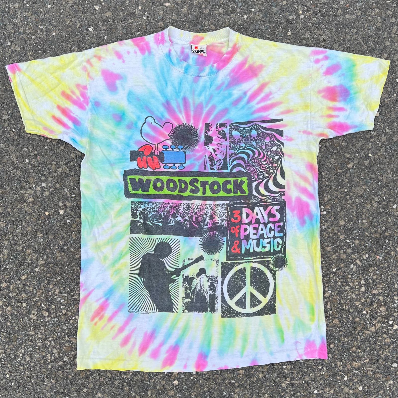 image of Band Tees x Vintage Woodstock 1989 80's Music Band Festival Tie Dye Shirt in Blue, Men's (Size Larg