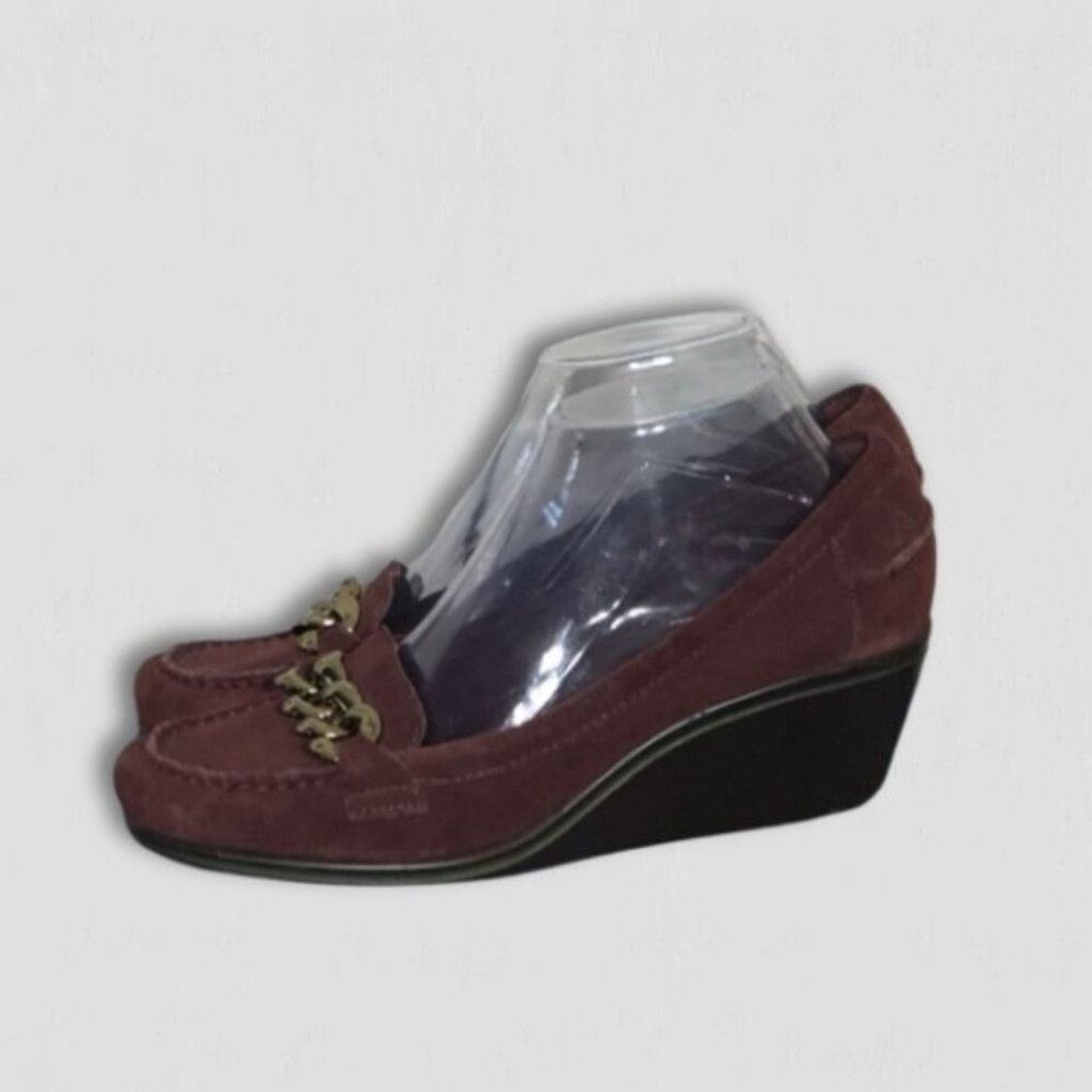 Vintage Arturo Chiang Wedge Loafers Suede Leather Burgundy sz US 8 Size US 8 / IT 38 - 2 Thumbnail