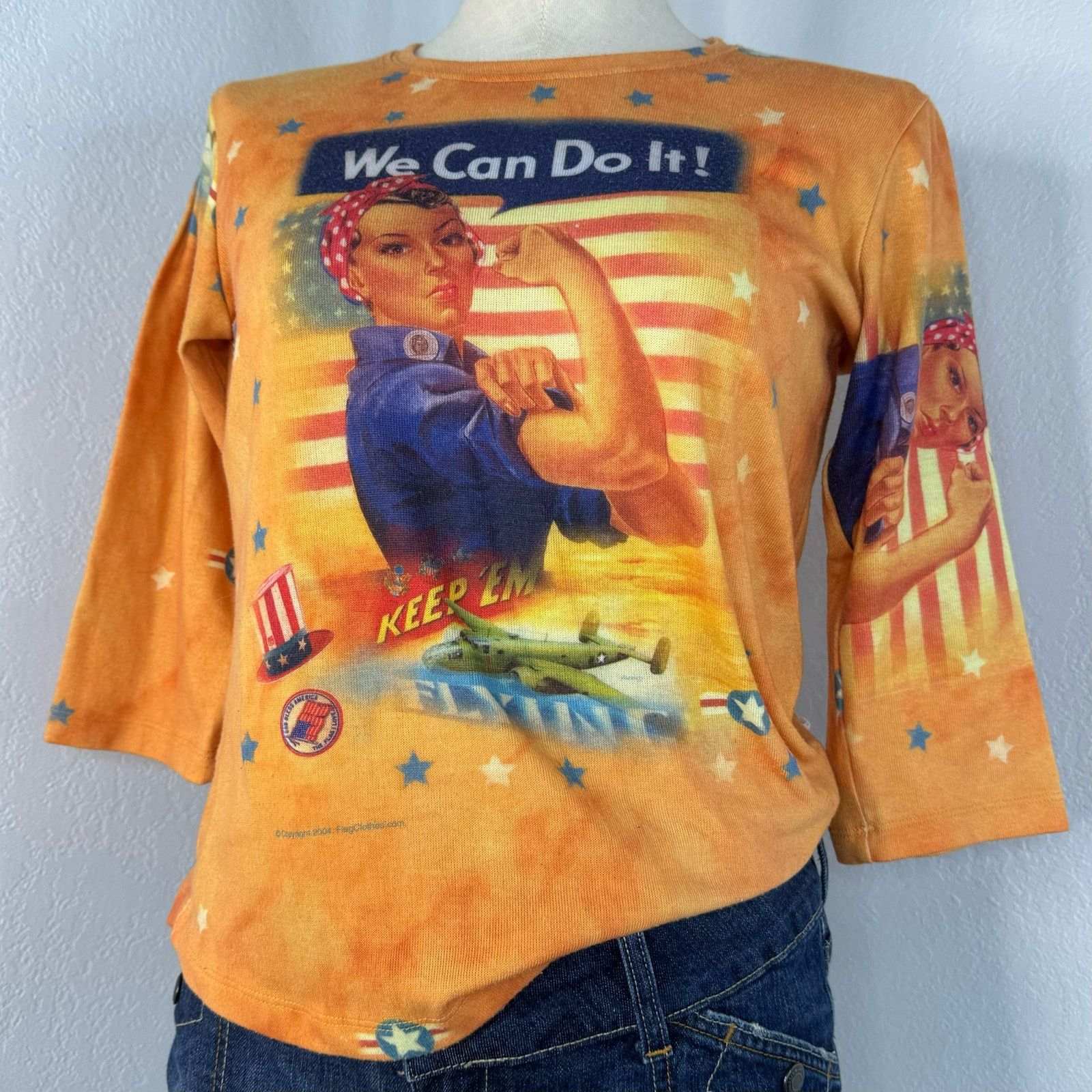 Vintage Y2k Rosie The Riveter Orange 3/4 Sleeves Shirt Top Small Size S / US 4 / IT 40 - 3 Thumbnail