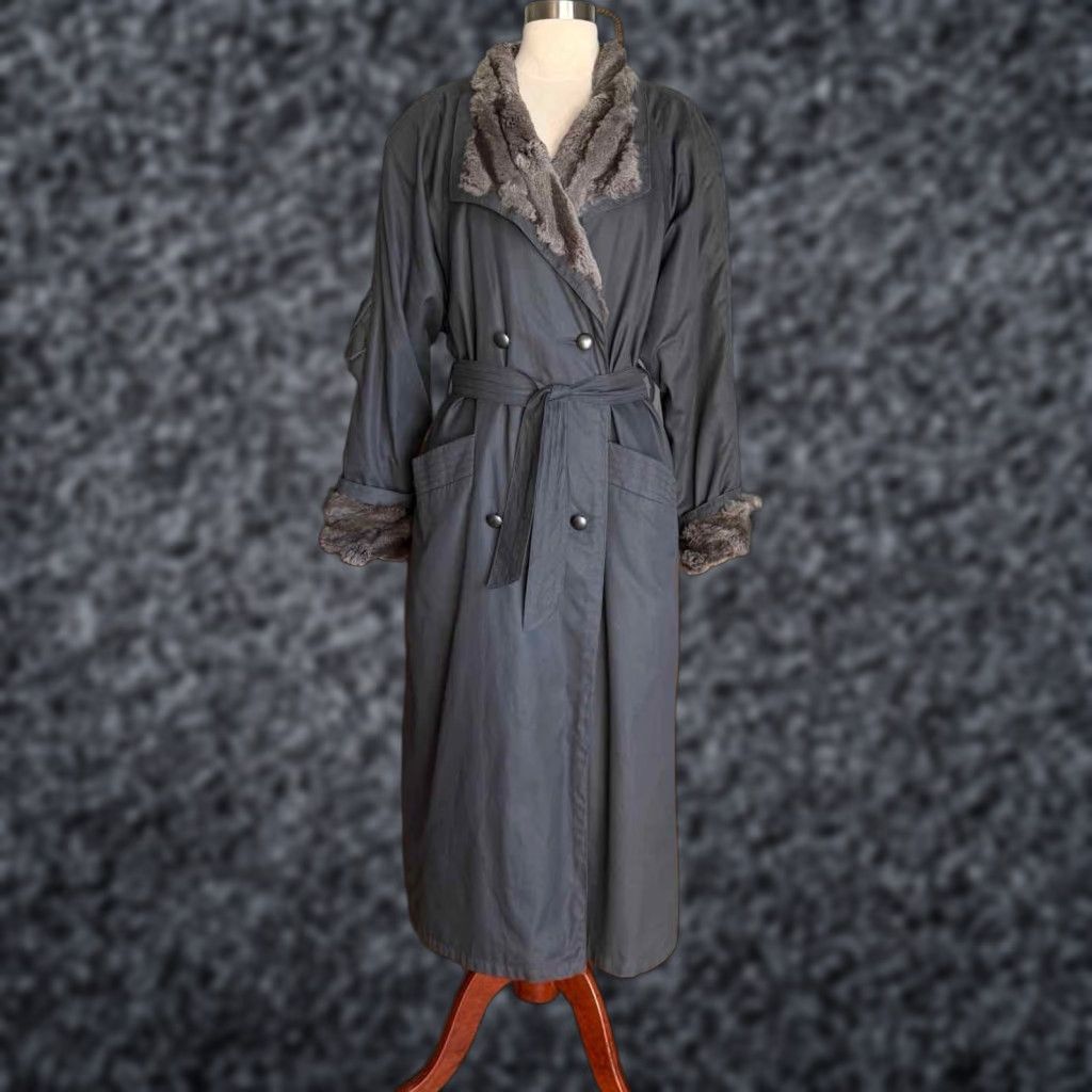 Louis Feraud VINTAGE Louis Feraud Gray Cotton Trench Coat Fur Trim Double Breasted Jacket Womens 10 80s Paris Outdoor Mink Trench Coat Size L / US 10 / IT 46 - 1 Thumbnail