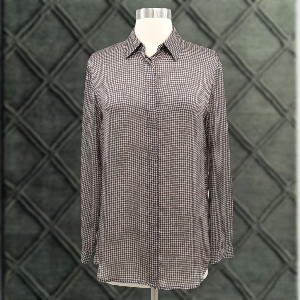 VINTAGE Club Monaco Silk Blouse Shirt Top Womens XS Gingham Black Ivory Beige Hi-Low Formal Office Retirement