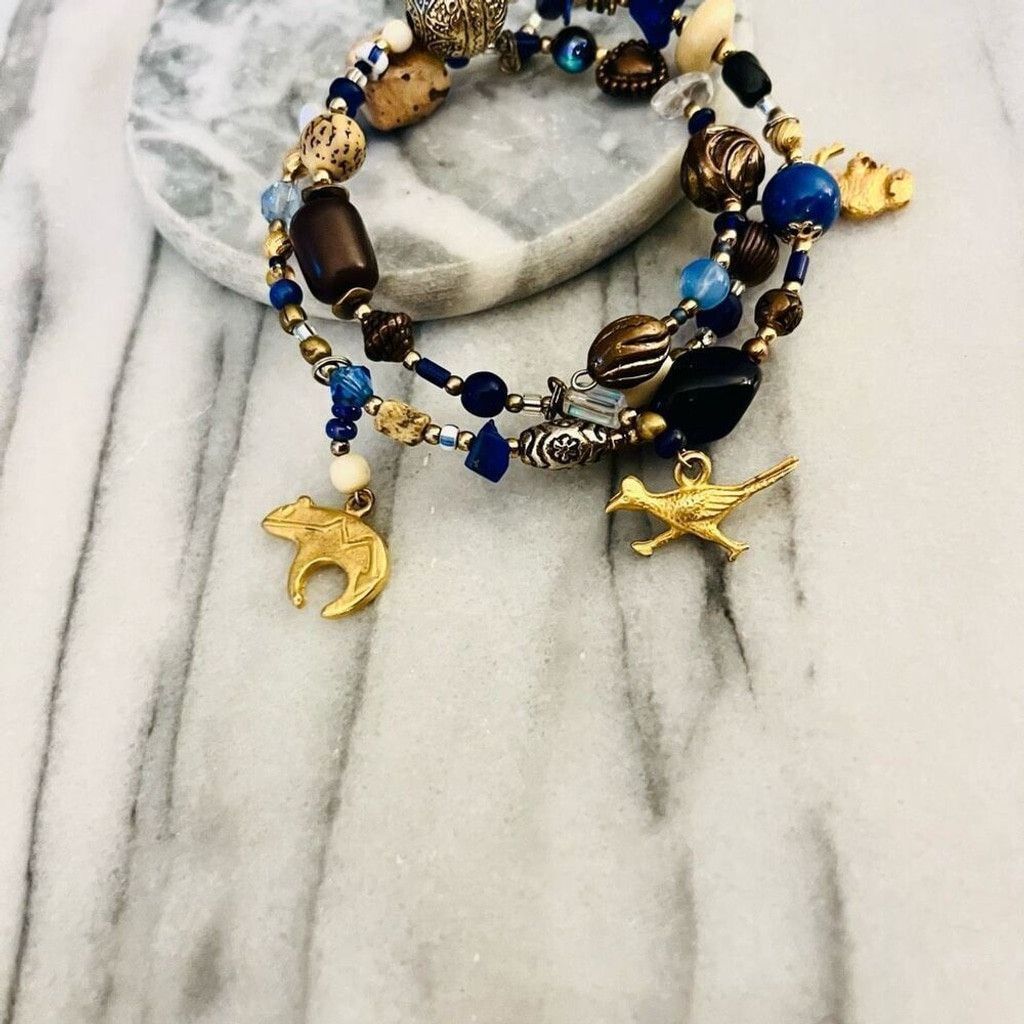 Jewelry Double Wrap Gemstone Bracelet Blue Beaded Gold Size ONE SIZE - 4 Thumbnail