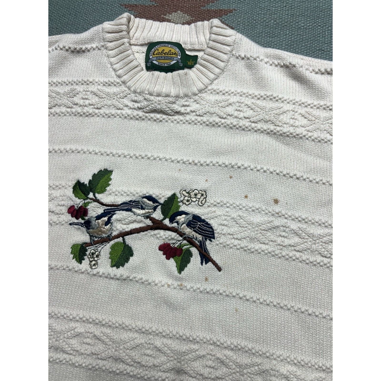 Vintage VINTAGE Cabela’s Cotton Knit Sweater Embroidered Birds Nature Flaws Womens Large L White Pullover Knit Shirt 60s 70s? Size L / US 10 / IT 46 - 4 Thumbnail