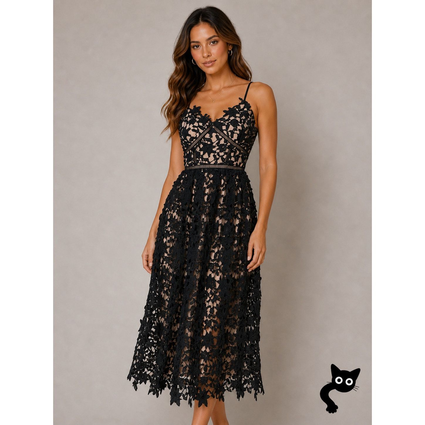 Other Aqua Black Lace Overlay Tan Lining Cami Midi Dress SM Size S / US 4 / IT 40 - 4 Thumbnail