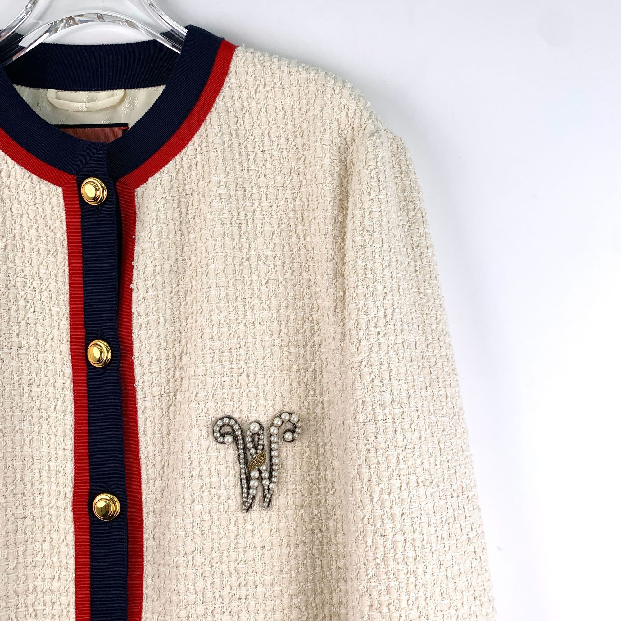 Gucci Gucci Beige Cotton Tweed Cardigan Jacket W/Sequined Lion App Size M / US 6-8 / IT 42-44 - 6 Thumbnail