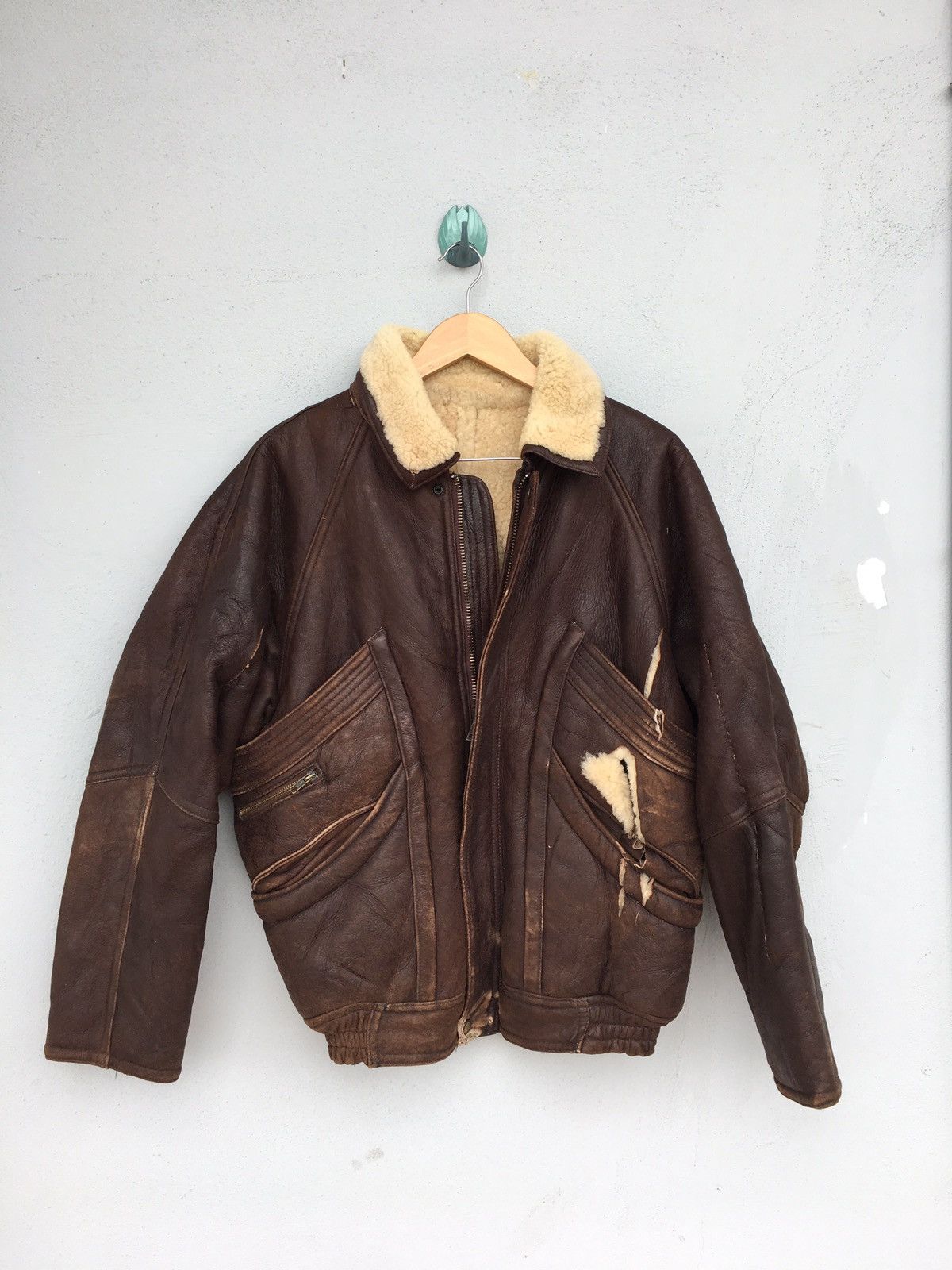 image of B 3 x Sheepskin Coat Blue Duck Distressed Rip Sheepskin Shearpa Flight Jacket in Brown (Size Small)