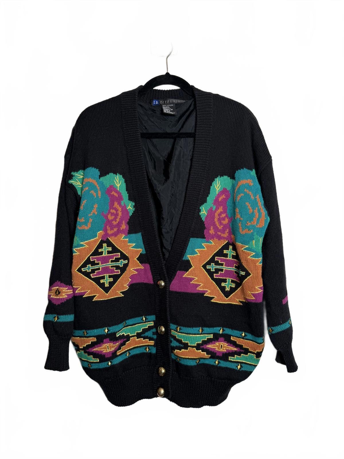 Unknown London Vintage Aztec Tribal Print Oversize Black Cardigan Size S / US 4 / IT 40 - 2 Thumbnail