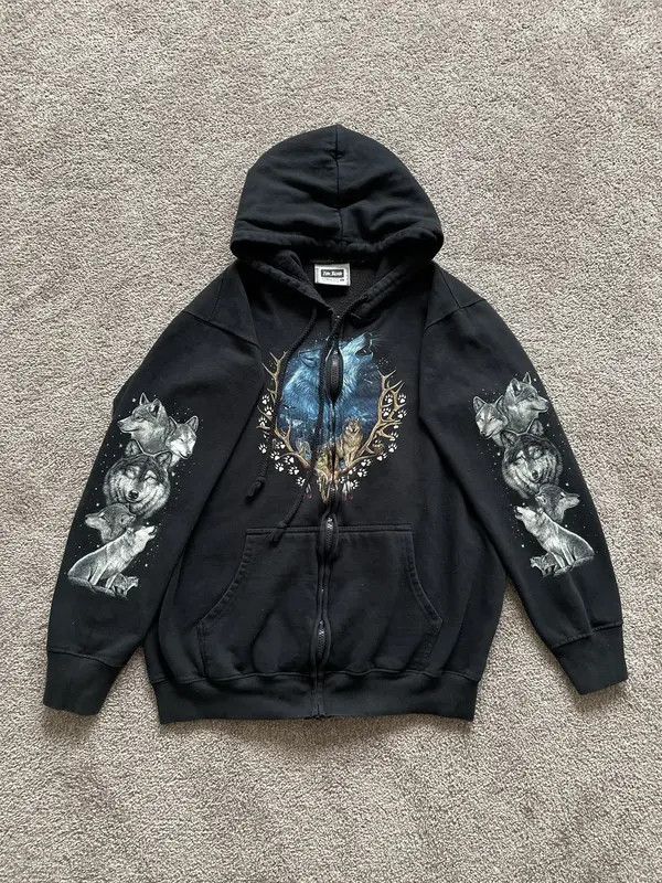 Japanese Brand × Vintage Vintage 90s All Over Wolf Graphic Zip-Up Hoodie Size US S / EU 44-46 / 1 - 7 Thumbnail