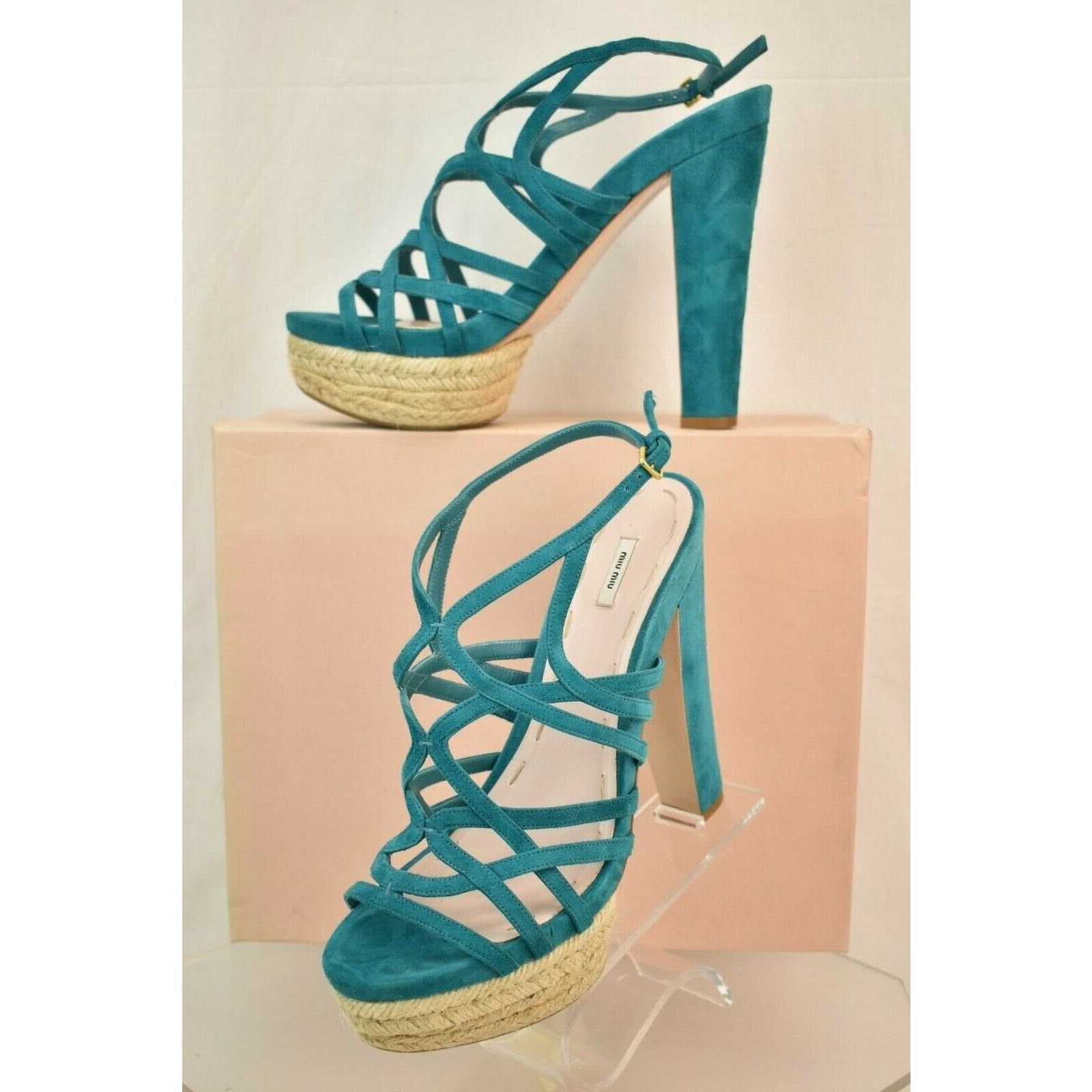 Miu Miu TURQUOISE SUEDE CRISS CROSS PLATFORM ESPADRILLE SANDALS 40 Size US 10 / IT 40 - 2 Thumbnail