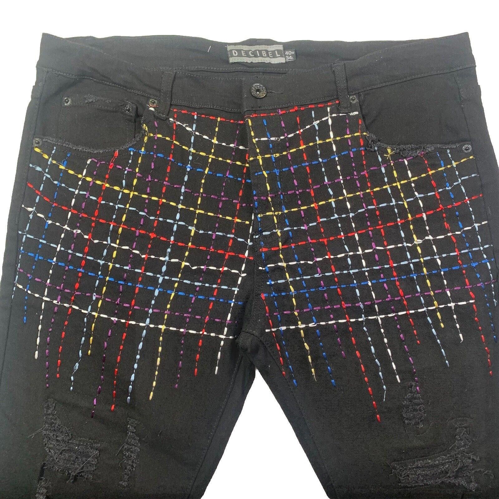 Other Decibel Black Jeans Men's 40x34 Embroidered Front Frayed Size US 40 / EU 56 - 2 Thumbnail