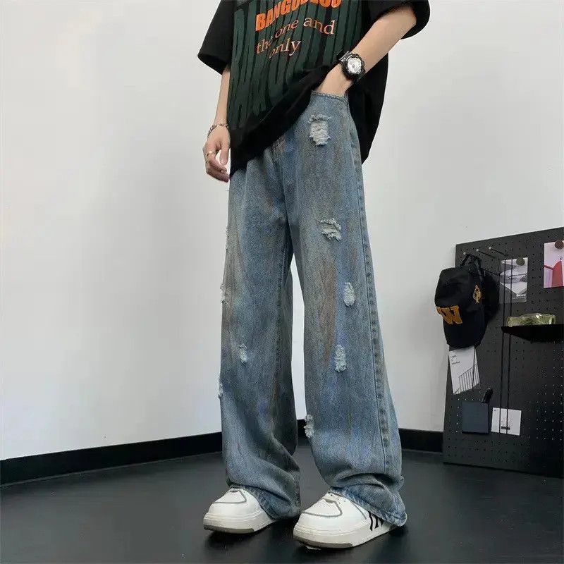 Japanese Brand Retro loose straight leg ripped jeans Size US 30 / EU 46 - 1 Thumbnail