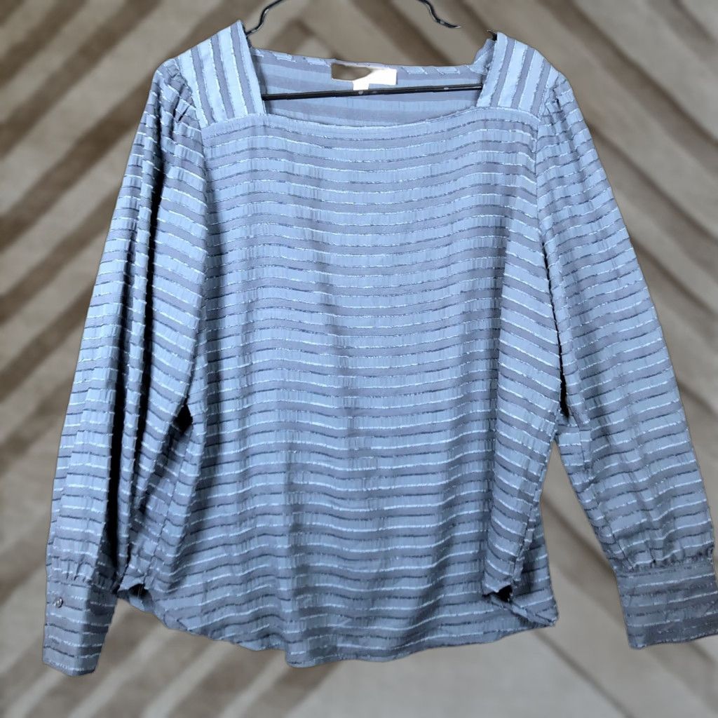 Loft loft Blouse Womens L Blue Striped Square Neck Long Sleeve Polyester Size L / US 10 / IT 46 - 1 Thumbnail