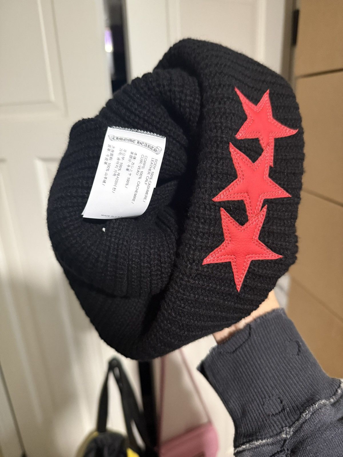 Chrome Hearts Chrome Hearts Cashmere Black/Red Star Patch Beanie Size ONE SIZE - 3 Thumbnail