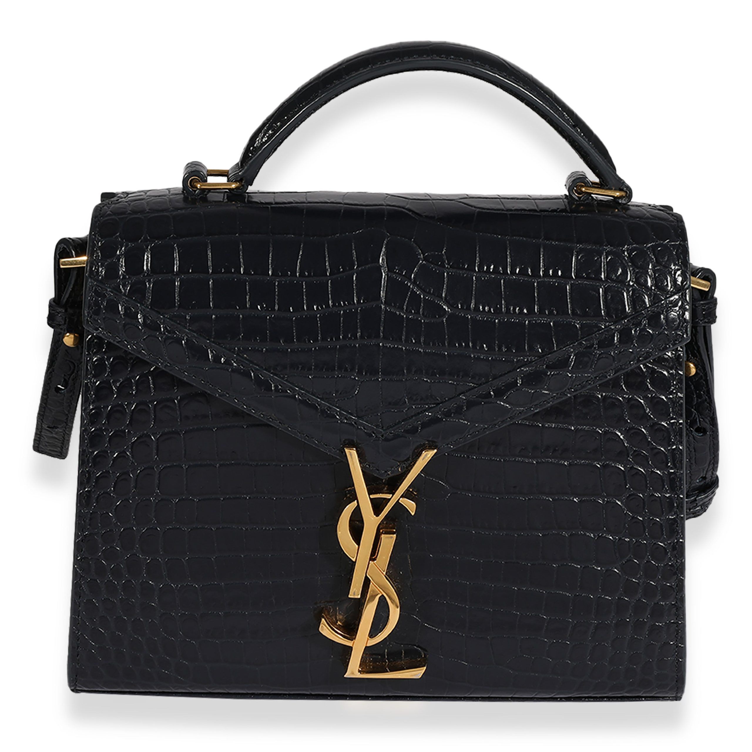 Saint Laurent Navy Crocodile-Embossed Mini Cassandra Top Handle Bag