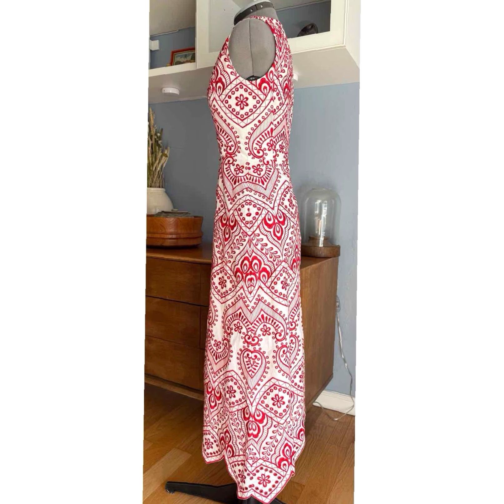 Vintage VINTAGE Evi Grintela Carine Sleeveless Embroidered Midi Dress Red White XS Size XS / US 0-2 / IT 36-38 - 3 Thumbnail